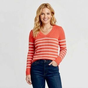Fashion Avenue Striped V-Neck Women’s Sweater - Red & White
